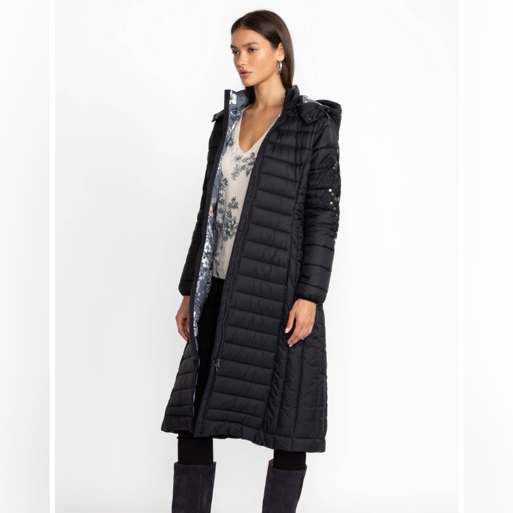 Johnny Was Black Sano Ski Zip Front Hooded Long Puffer Coat